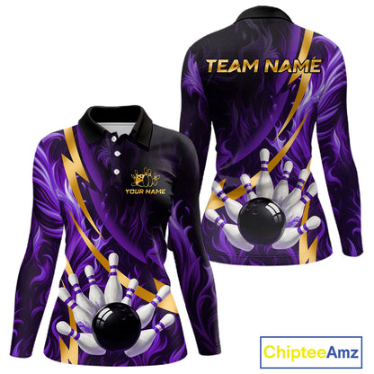 Personalized Bowling Polo, Quarter Zip Shirt for Women Custom Purple Flame & Gold Bowling Team Jersey NQS11147