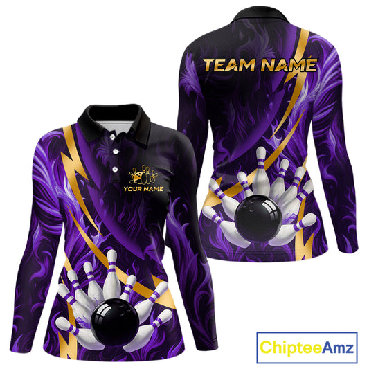 Personalized Bowling Polo, Quarter Zip Shirt for Women Custom Purple Flame & Gold Bowling Team Jersey NQS11147