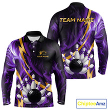 Load image into Gallery viewer, Personalized Bowling Polo, Quarter Zip Shirt for Men Custom Purple Flame and Gold Bowling Team Jersey NQS11147
