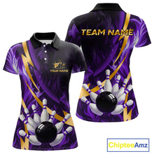 Load image into Gallery viewer, Personalized Bowling Polo, Quarter Zip Shirt for Women Custom Purple Flame &amp; Gold Bowling Team Jersey NQS11147