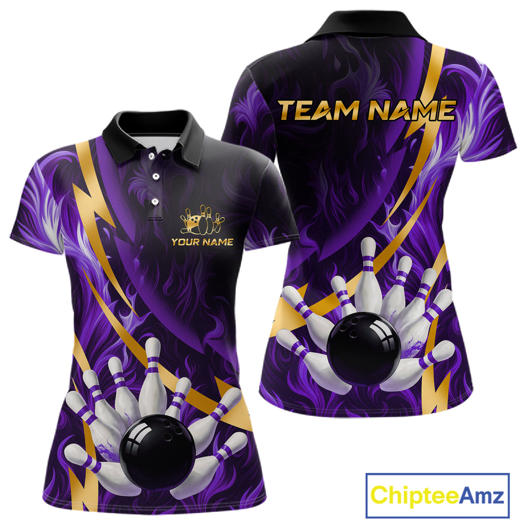 Personalized Bowling Polo, Quarter Zip Shirt for Women Custom Purple Flame & Gold Bowling Team Jersey NQS11147
