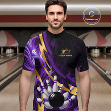 Load image into Gallery viewer, Personalized Bowling Polo, Quarter Zip Shirt for Men Custom Purple Flame and Gold Bowling Team Jersey NQS11147