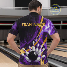 Load image into Gallery viewer, Personalized Bowling Polo, Quarter Zip Shirt for Men Custom Purple Flame and Gold Bowling Team Jersey NQS11147