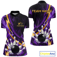Load image into Gallery viewer, Personalized Bowling Polo, Quarter Zip Shirt for Women Custom Purple Flame &amp; Gold Bowling Team Jersey NQS11147