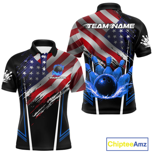 Personalized American Flag Bowling Team Shirts For Men, Black and Blue Patriotic Bowling Gifts NQS11357