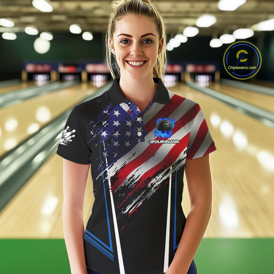 Personalized American Flag Bowling Team Shirts For Women, Black and Blue Patriotic Bowling Gifts NQS11357