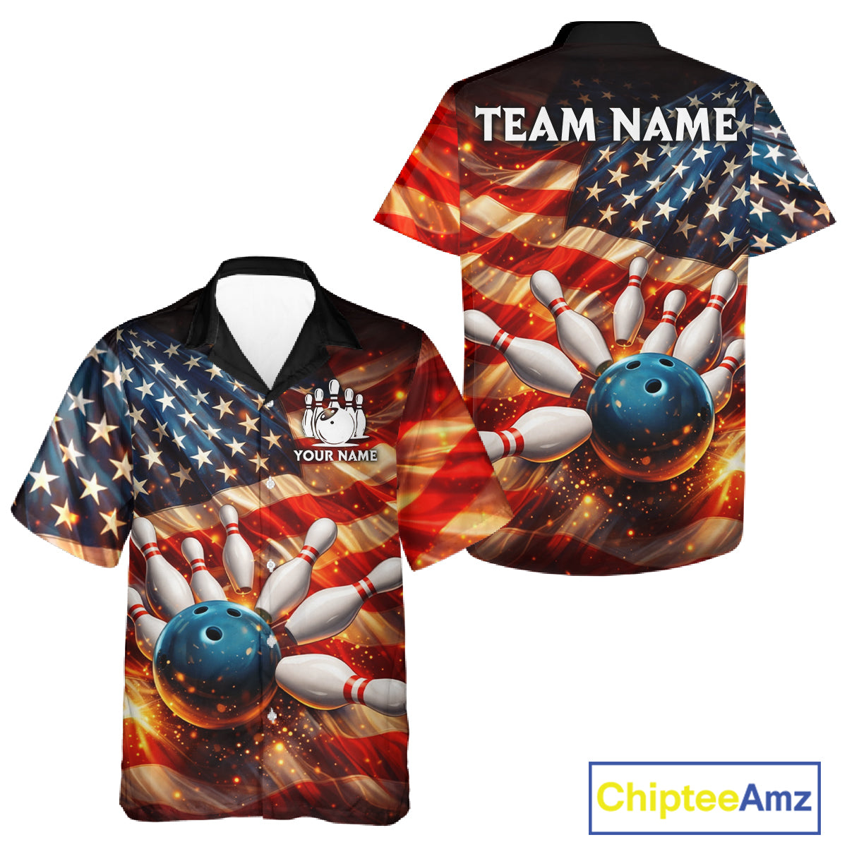 American Flag Bowling Ball and pins Bowling Button-up Shirt Custom Patriotic Bowling Team jerseys NQS11698