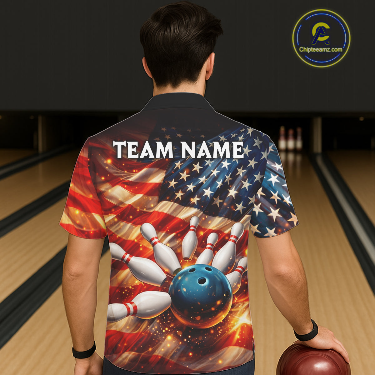 American Flag Bowling Ball and pins Bowling Button-up Shirt Custom Patriotic Bowling Team jerseys NQS11698