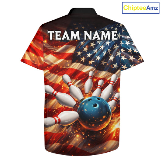 American Flag Bowling Ball and pins Bowling Button-up Shirt Custom Patriotic Bowling Team jerseys NQS11698