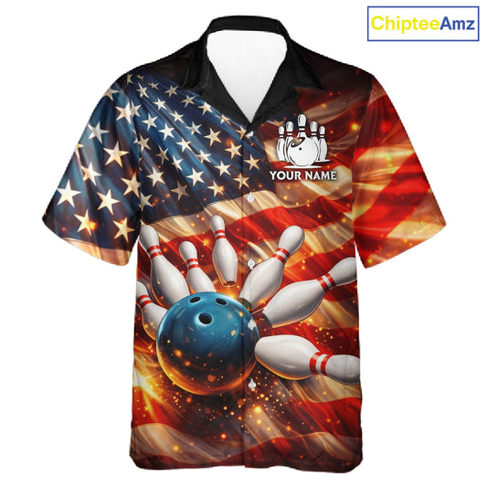 American Flag Bowling Ball and pins Bowling Button-up Shirt Custom Patriotic Bowling Team jerseys NQS11698