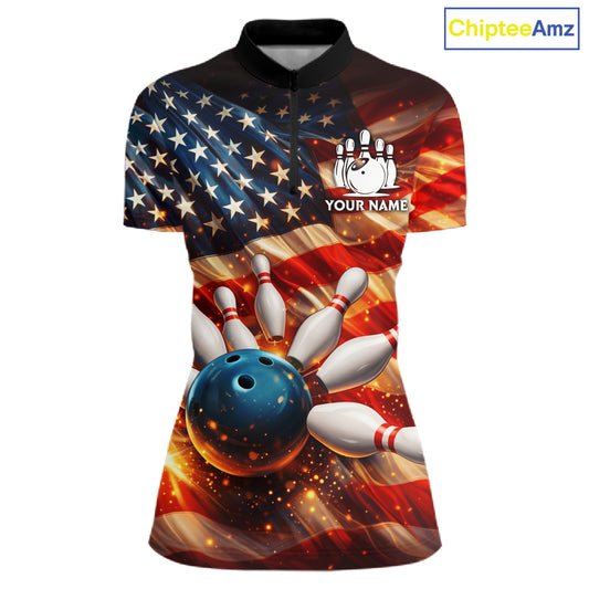 American Flag Bowling Ball and pins Bowling Shirts for Women Custom Patriotic Bowling Team jerseys NQS11698