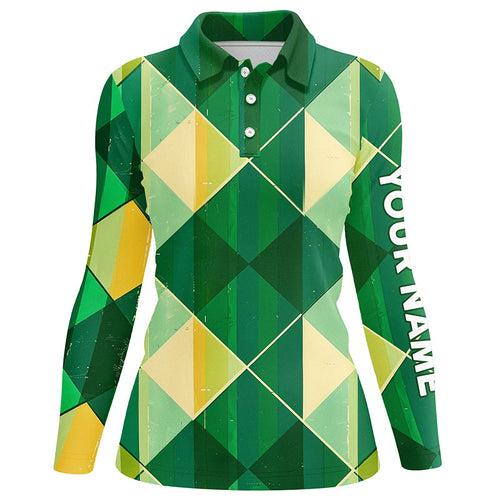 Green yellow argyle plaid pattern Womens golf polo shirts custom ladies golf shirts, green golf tops NQS7372