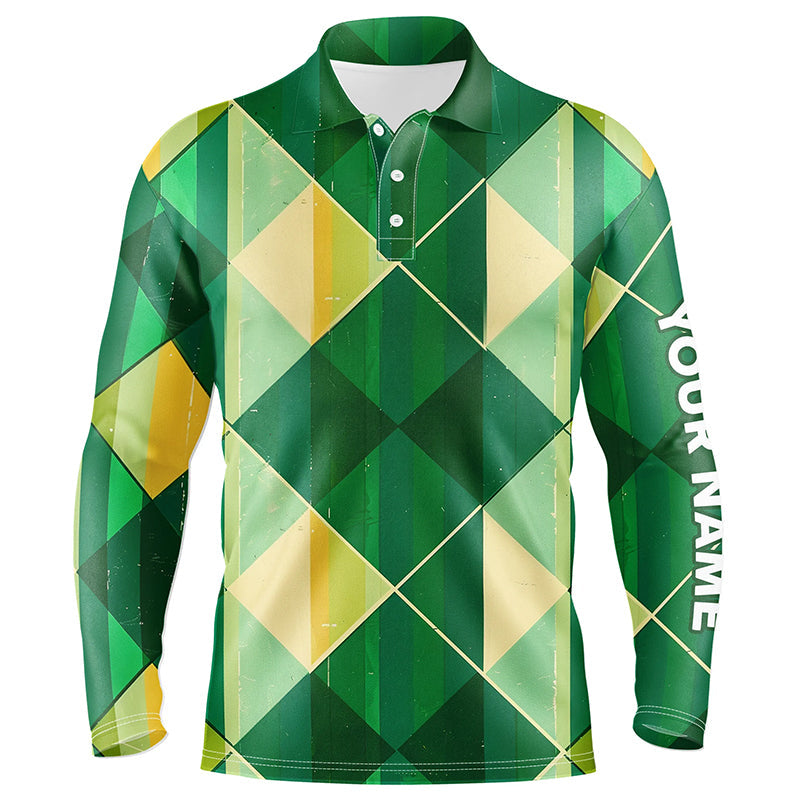 Green yellow argyle plaid pattern Mens golf polo shirts custom mens golf shirts, green golf tops NQS7372
