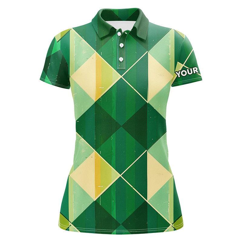 Green yellow argyle plaid pattern Womens golf polo shirts custom ladies golf shirts, green golf tops NQS7372