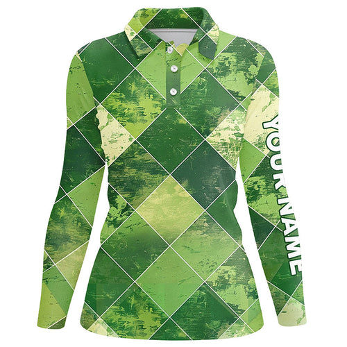 Green argyle plaid pattern Womens golf polo shirts custom ladies golf apparel, green golf tops NQS7373