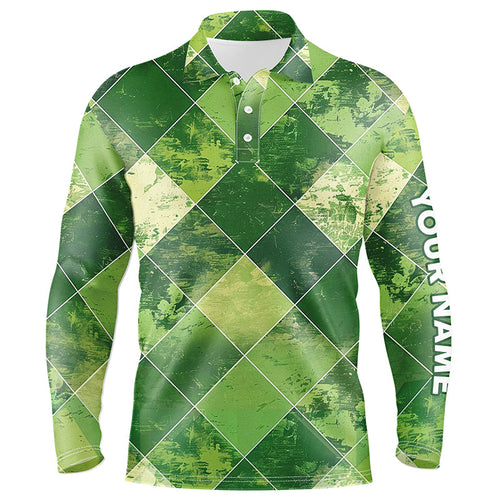 Green argyle plaid pattern Mens golf polo shirts custom mens golf apparel, green golf tops NQS7373