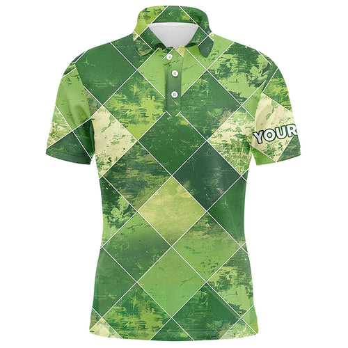 Green argyle plaid pattern Mens golf polo shirts custom mens golf apparel, green golf tops NQS7373
