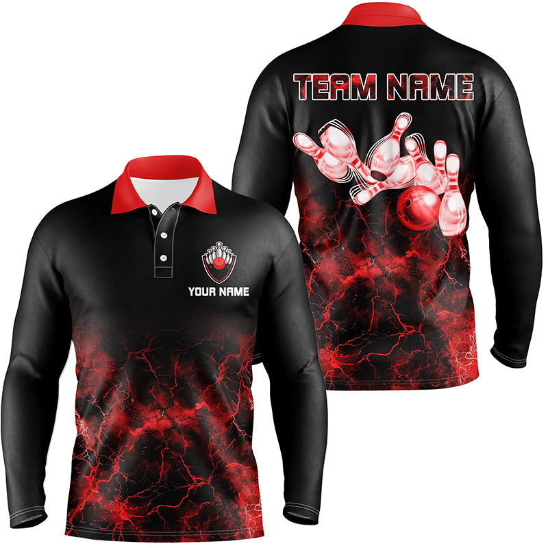 Personalized Men polo Bowling Shirt Red lightning Bowling Ball Pins bowling jerseys for Bowler NQS7376
