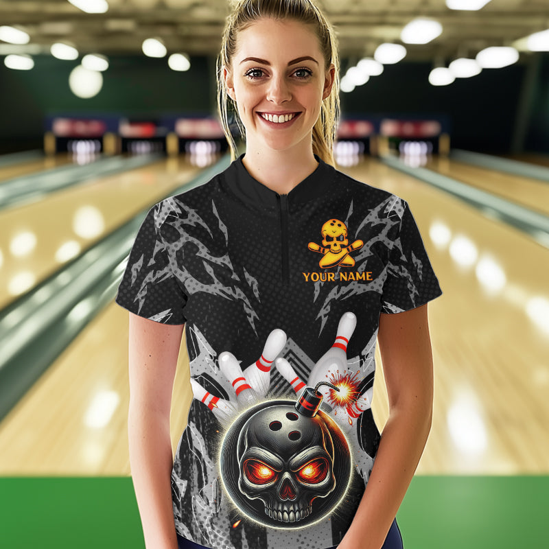 Funny Black and Gray Camo Bowling Shirt For Women Custom Skull Bowling Bomb Team ladies bowling attire NQS9792