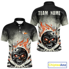 Load image into Gallery viewer, Funny Flame Skull Bowling Ball and Pins Retro Black Bowling Shirt For Men Custom Bowling Team Jersey NQS9794