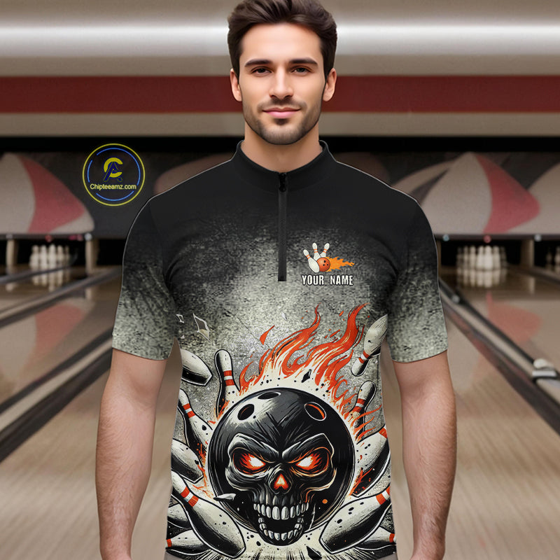 Funny Flame Skull Bowling Ball and Pins Retro Black Bowling Shirt For Men Custom Bowling Team Jersey NQS9794
