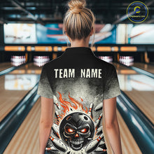 Load image into Gallery viewer, Funny Flame Skull Bowling Ball and Pins Retro Black Bowling Shirt For Women Custom Bowling Team Jersey NQS9794