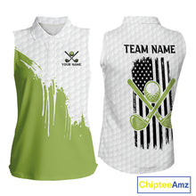 Load image into Gallery viewer, Green and White American Flag womens golf shirts sleeveless Custom patriotic golf team uniform outfit NQS9796