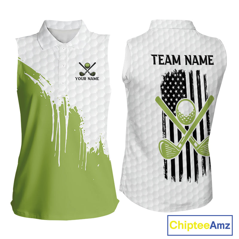 Green and White American Flag womens golf shirts sleeveless Custom patriotic golf team uniform outfit NQS9796