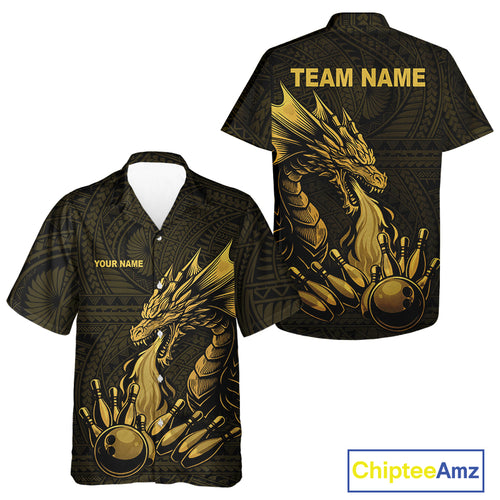 Custom Tribal pattern Gold Dragon Bowling Hawaiian Shirt, Bowling Team League Jersey NQS10349