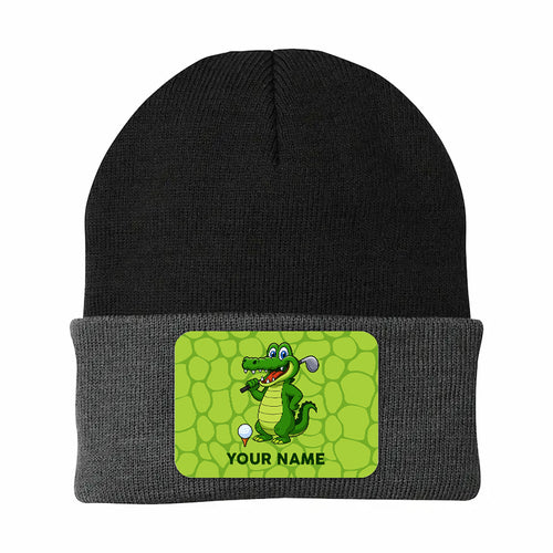 Funny Alligator Golf Knit Beanie Hat, Custom Name Rectangle Patch Golf Beanie Hat, Golf Gifts NQS10782