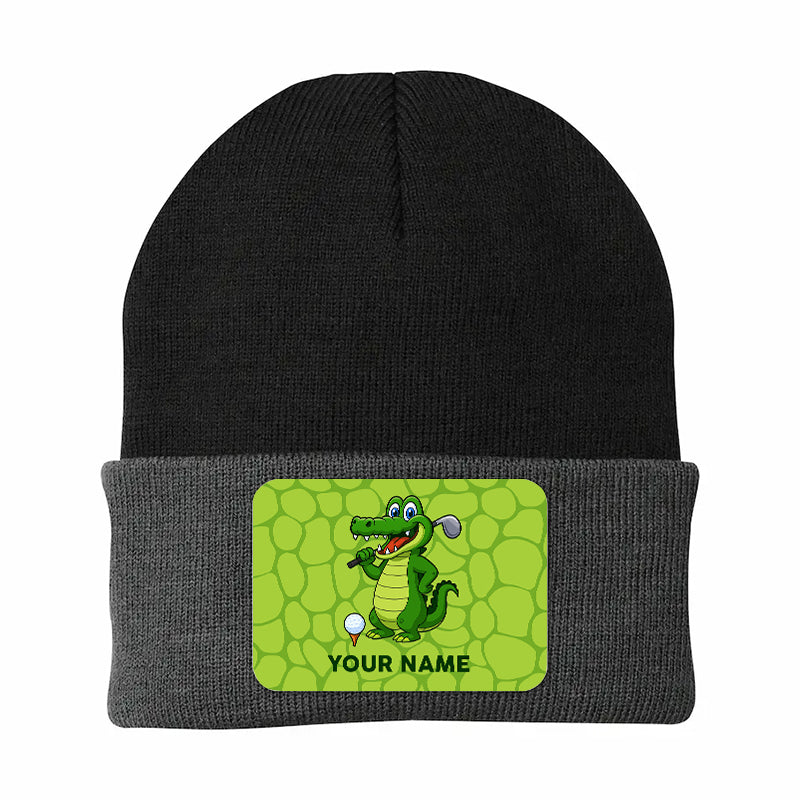 Funny Alligator Golf Knit Beanie Hat, Custom Name Rectangle Patch Golf Beanie Hat, Golf Gifts NQS10782