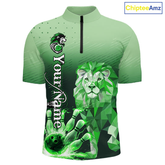 Green Lightning Lion Bowling Polo, Quarter Zip Shirts for Men Custom Lion Bowling Team jerseys NQS11568