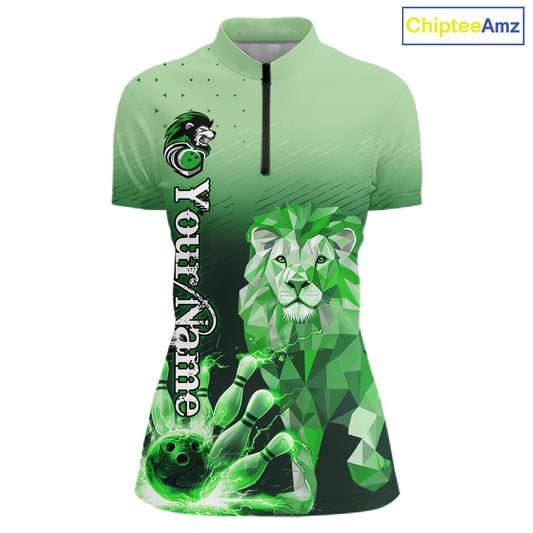 Green Lightning Lion Bowling Polo, Quarter Zip Shirts for Women Custom Lion Bowling Team jerseys NQS11568