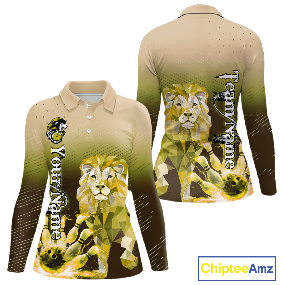 Yellow Lightning Lion Bowling Polo, Quarter Zip Shirts for Women Custom Lion Bowling Team jerseys NQS11569