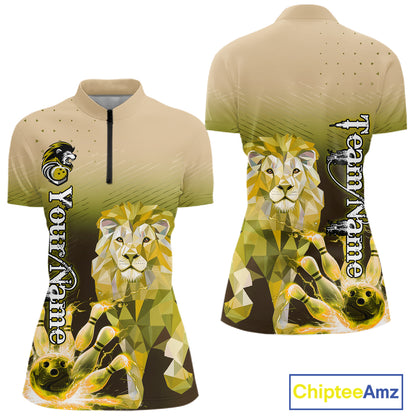 Yellow Lightning Lion Bowling Polo, Quarter Zip Shirts for Women Custom Lion Bowling Team jerseys NQS11569