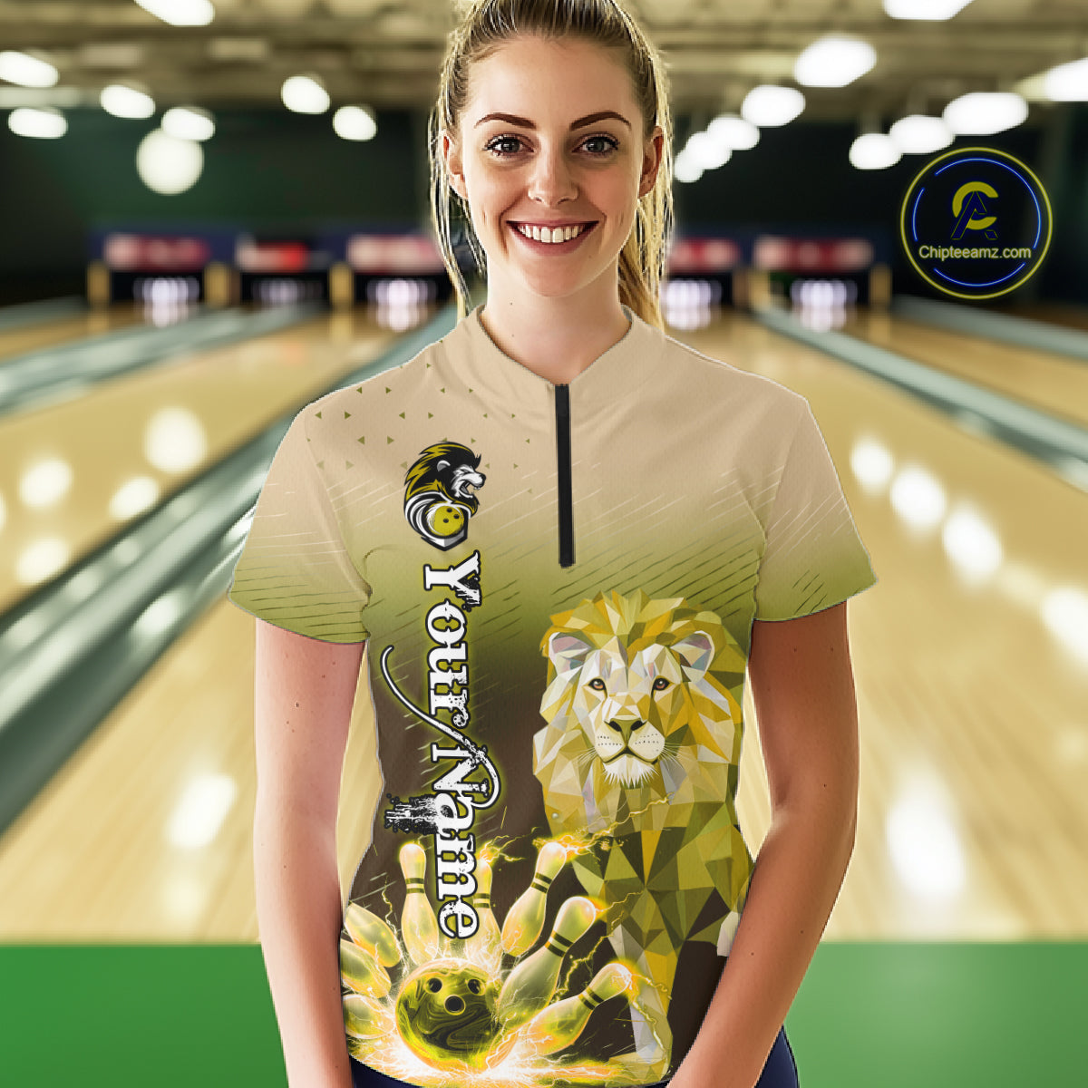 Yellow Lightning Lion Bowling Polo, Quarter Zip Shirts for Women Custom Lion Bowling Team jerseys NQS11569