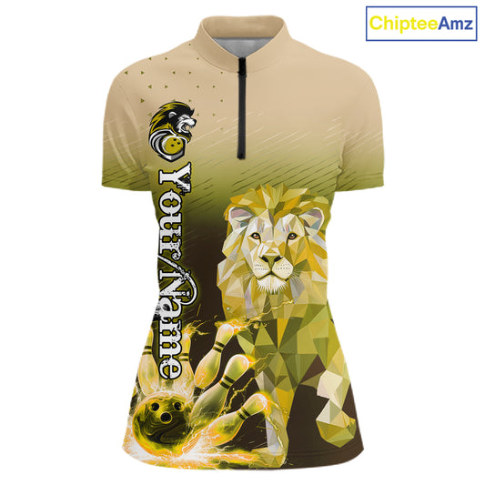 Yellow Lightning Lion Bowling Polo, Quarter Zip Shirts for Women Custom Lion Bowling Team jerseys NQS11569