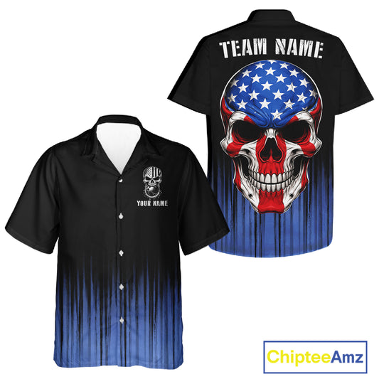 Black and Blue American Flag Skull Bowling Button-up Shirt Custom Patriotic Bowling Team jerseys NQS11699