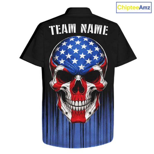 Black and Blue American Flag Skull Bowling Button-up Shirt Custom Patriotic Bowling Team jerseys NQS11699