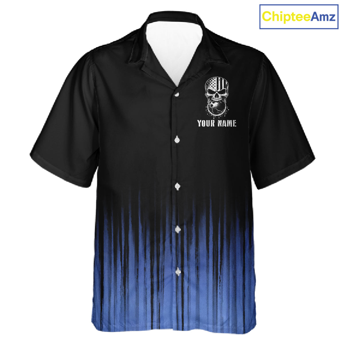 Black and Blue American Flag Skull Bowling Button-up Shirt Custom Patriotic Bowling Team jerseys NQS11699