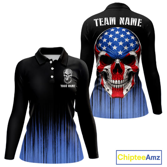 Black and Blue American Flag Skull Bowling Shirts for Women Custom Patriotic Bowling Team jerseys NQS11699