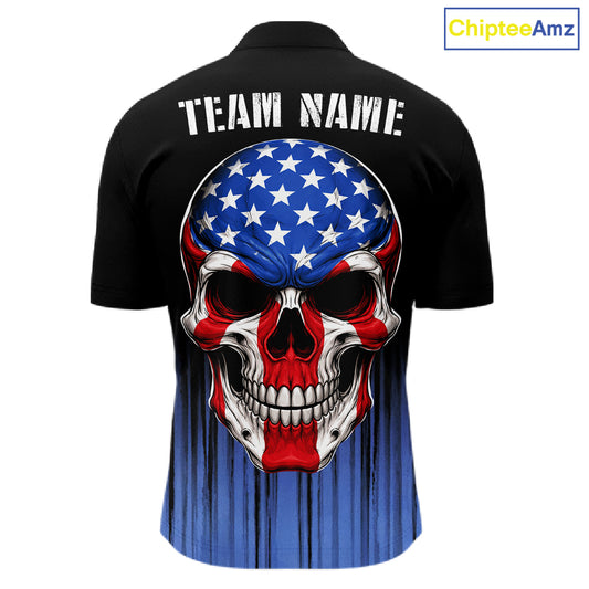 Black and Blue American Flag Skull Bowling Shirts for Men Custom Patriotic Bowling Team jerseys NQS11699