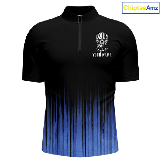 Black and Blue American Flag Skull Bowling Shirts for Men Custom Patriotic Bowling Team jerseys NQS11699