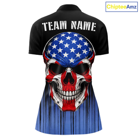 Black and Blue American Flag Skull Bowling Shirts for Women Custom Patriotic Bowling Team jerseys NQS11699