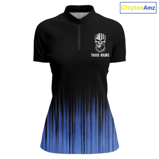 Black and Blue American Flag Skull Bowling Shirts for Women Custom Patriotic Bowling Team jerseys NQS11699