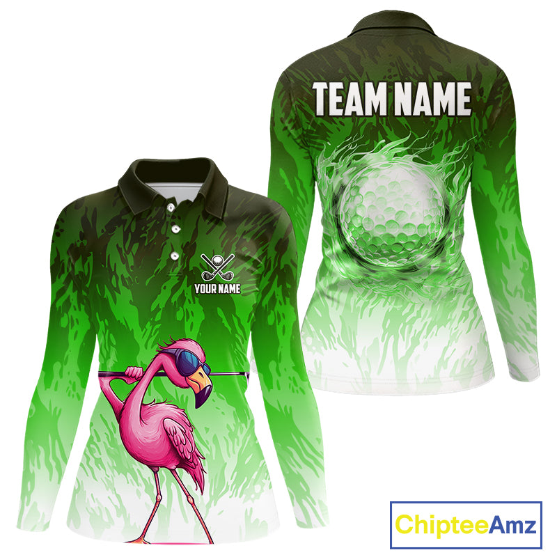 Funny Flamingo Green camo flame golf ball Women Golf Polo Shirt Custom Flamingo Golf attire for ladies NQS9799