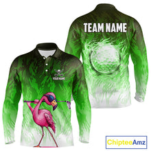 Load image into Gallery viewer, Funny Flamingo Green camo flame golf ball Mens Golf Polo Shirts Custom Flamingo Golf attire for men NQS9799