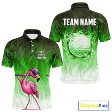 Load image into Gallery viewer, Funny Flamingo Green camo flame golf ball Mens Golf Polo Shirts Custom Flamingo Golf attire for men NQS9799