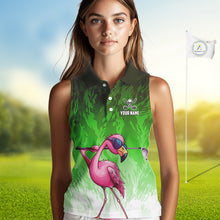 Load image into Gallery viewer, Funny Flamingo Green camo flame golf ball Women Golf Sleeveless Polo Shirt Custom Ladies Golf tops NQS9799