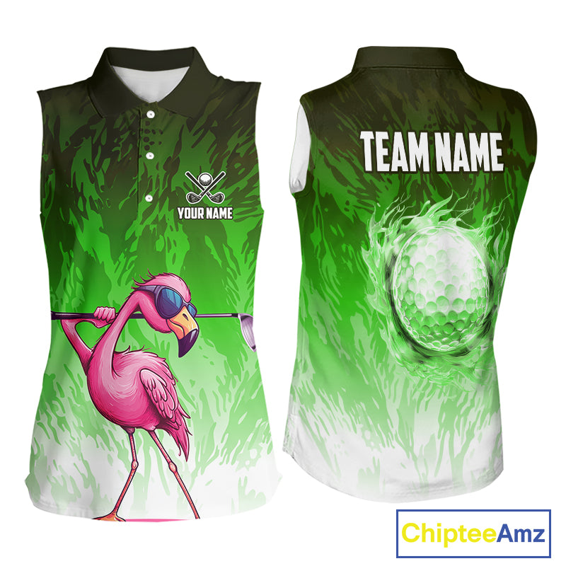 Funny Flamingo Green camo flame golf ball Women Golf Sleeveless Polo Shirt Custom Ladies Golf tops NQS9799